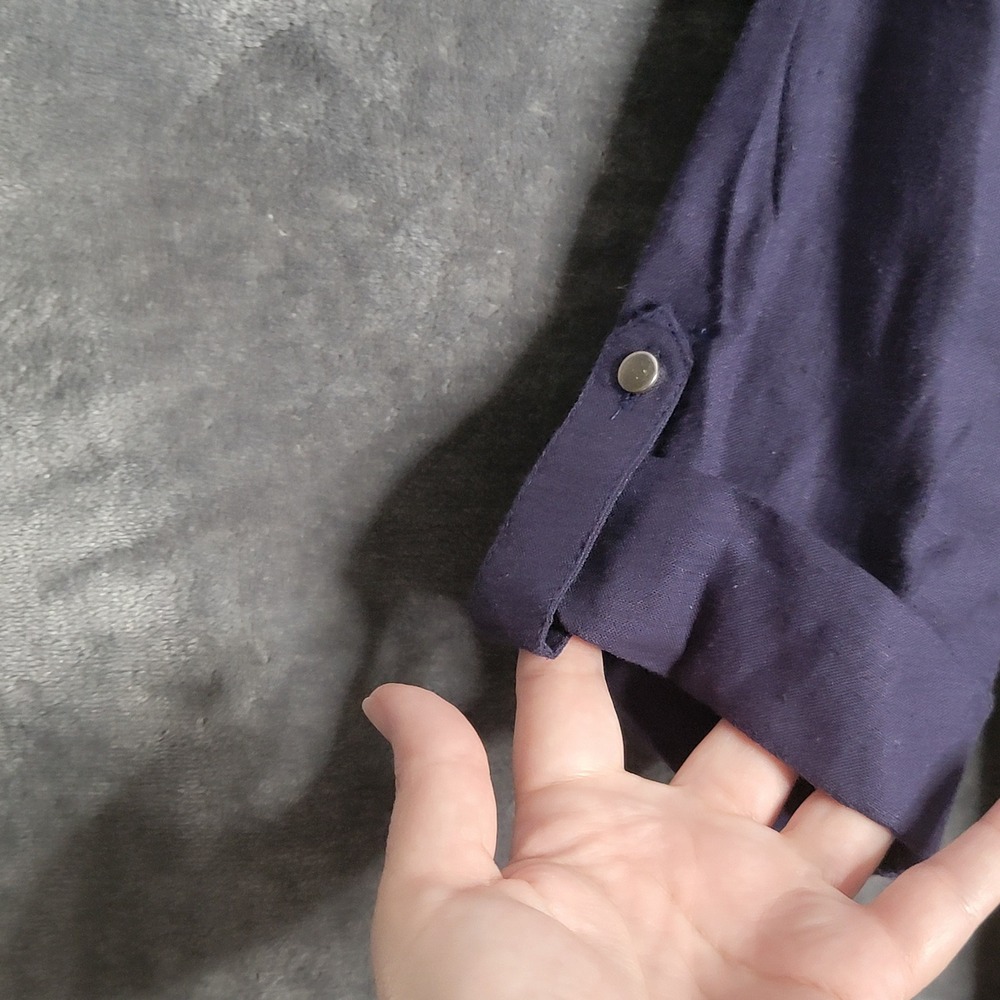 Emily Daniels Navy Blue Linen Blend Roll Tab Sleeve Zip Blouse Womens PS - Picture 5 of 11